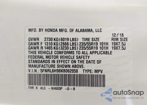 2019 Honda Odyssey Elite z USA, uszkodzony, nr VIN 5FNRL6H98KB062058